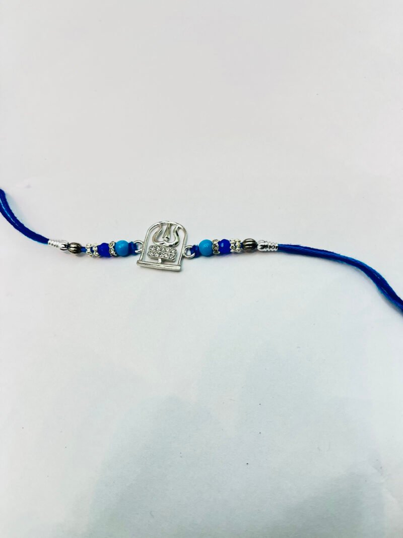 Silver Divine Blessing Rakhi – Power & Protection on Blue Thread - Image 2