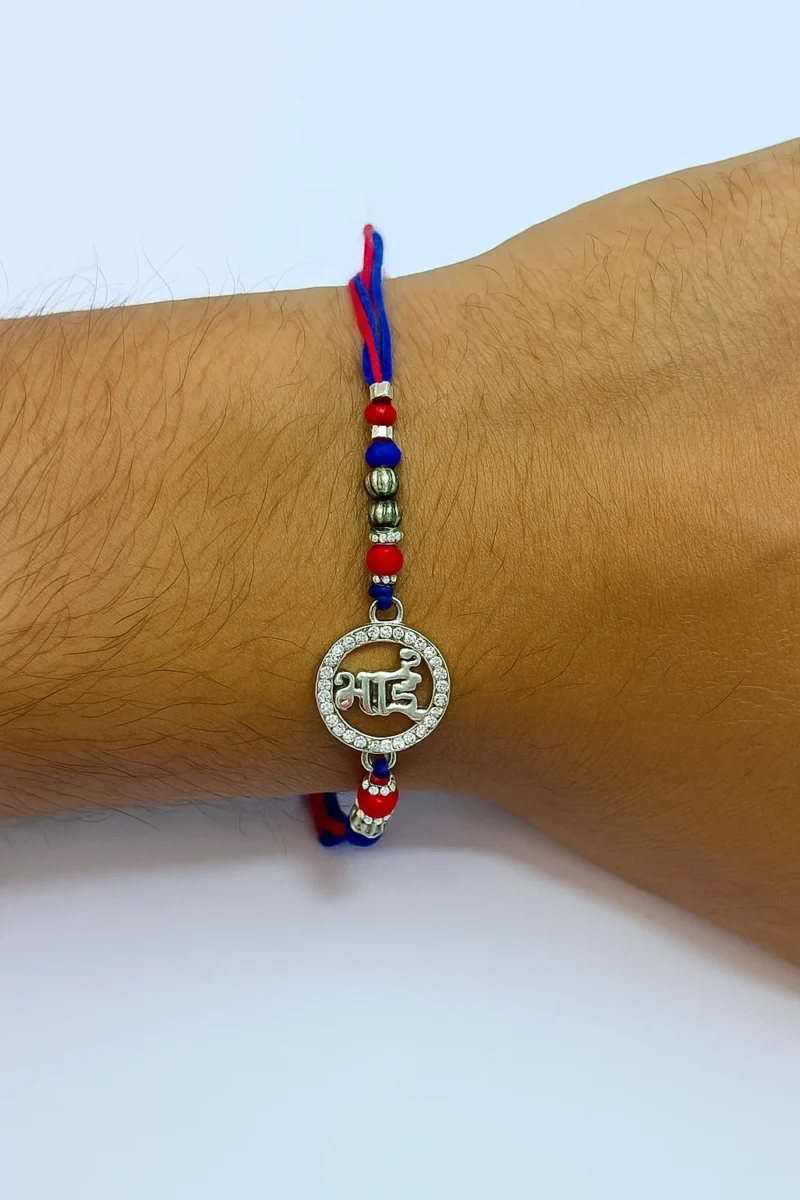 925 Sterling Silver "भाई" Rakhi – Red & Blue Raksha Bandhan Thread - Image 2