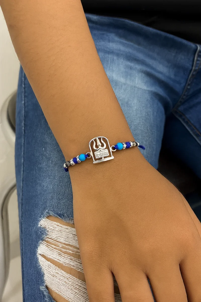 Silver Divine Blessing Rakhi – Power & Protection on Blue Thread - Image 3