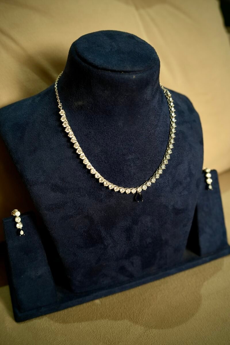 Pure 925 Silver Navy blue drop solitaire necklace set