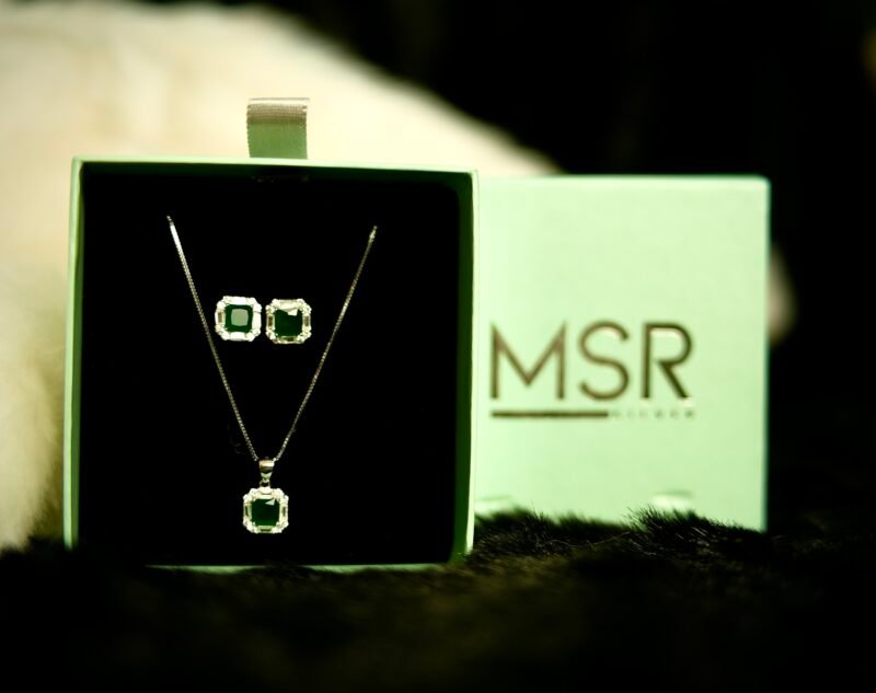 Pure 925 Silver Emerald Pendant set and earrings